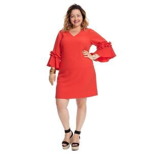 Jessica Howard Ruffle 3/4 Bell Flutter Sleeve Shift Dress Crepe Back Zip Red‎ 14